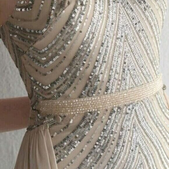 Silver,  O Neck, Sleeveless,  Detachable Skirt, Sequined Mermaid Gown - Picture 9 of 15